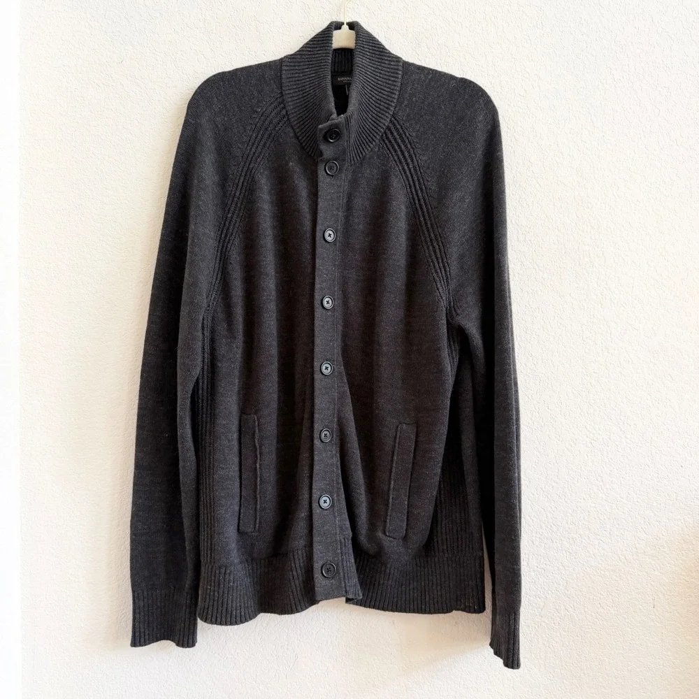 Banana Republic Mens Organic Cotton Cardigan Sweater Charcoal Gray Large‎
